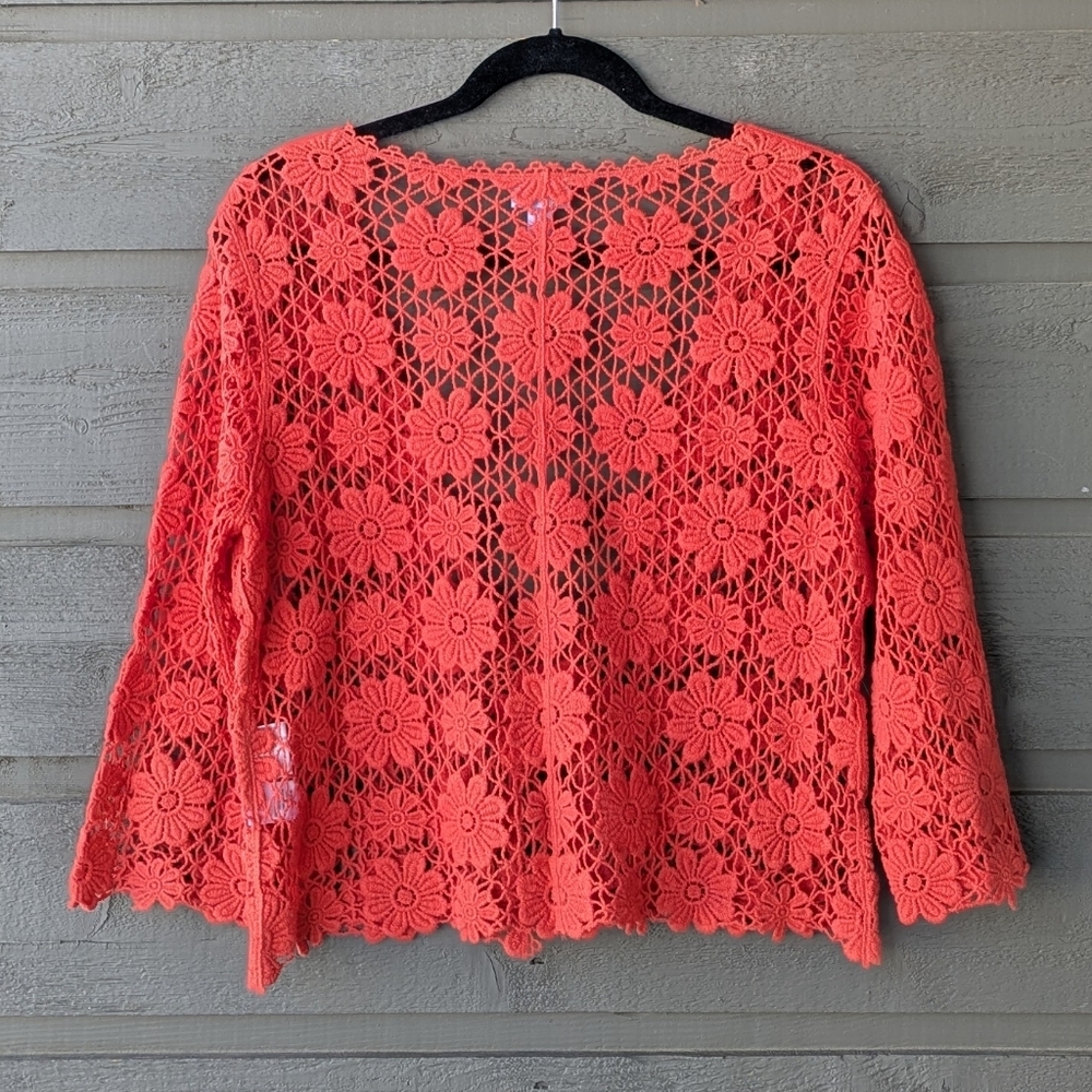 Vicki Wayne Coral Orange Floral Crochet Front Tie Cropped Cardigan Medium Boho - Picture 8 of 10